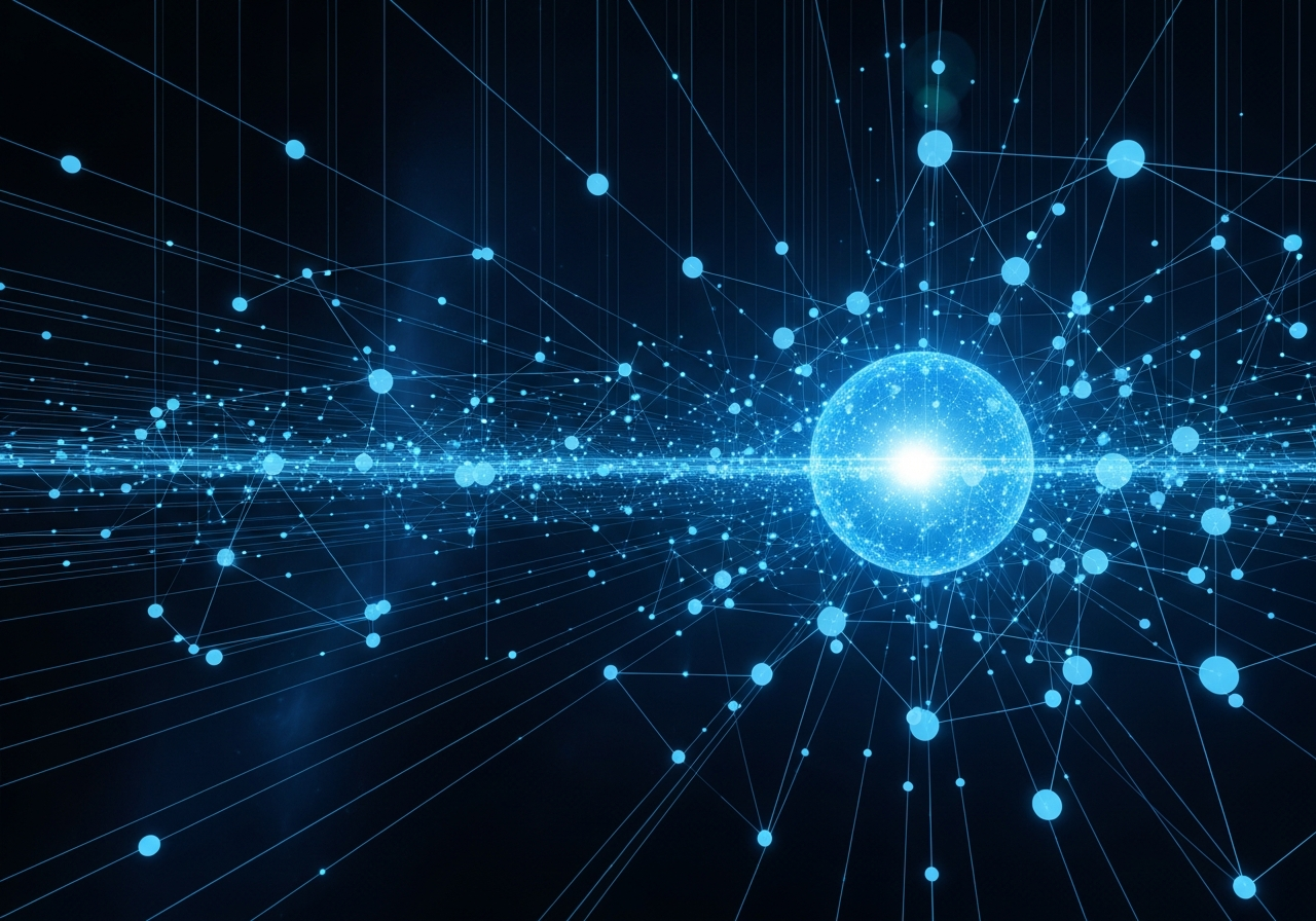 Abstract illustration of interconnected network nodes around a glowing central hub