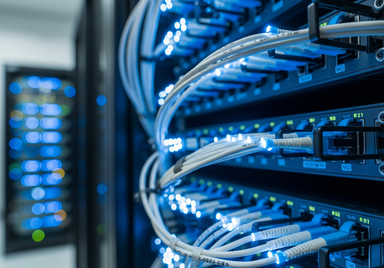 Network switches and connected cables illustrating modern business communications infrastructure